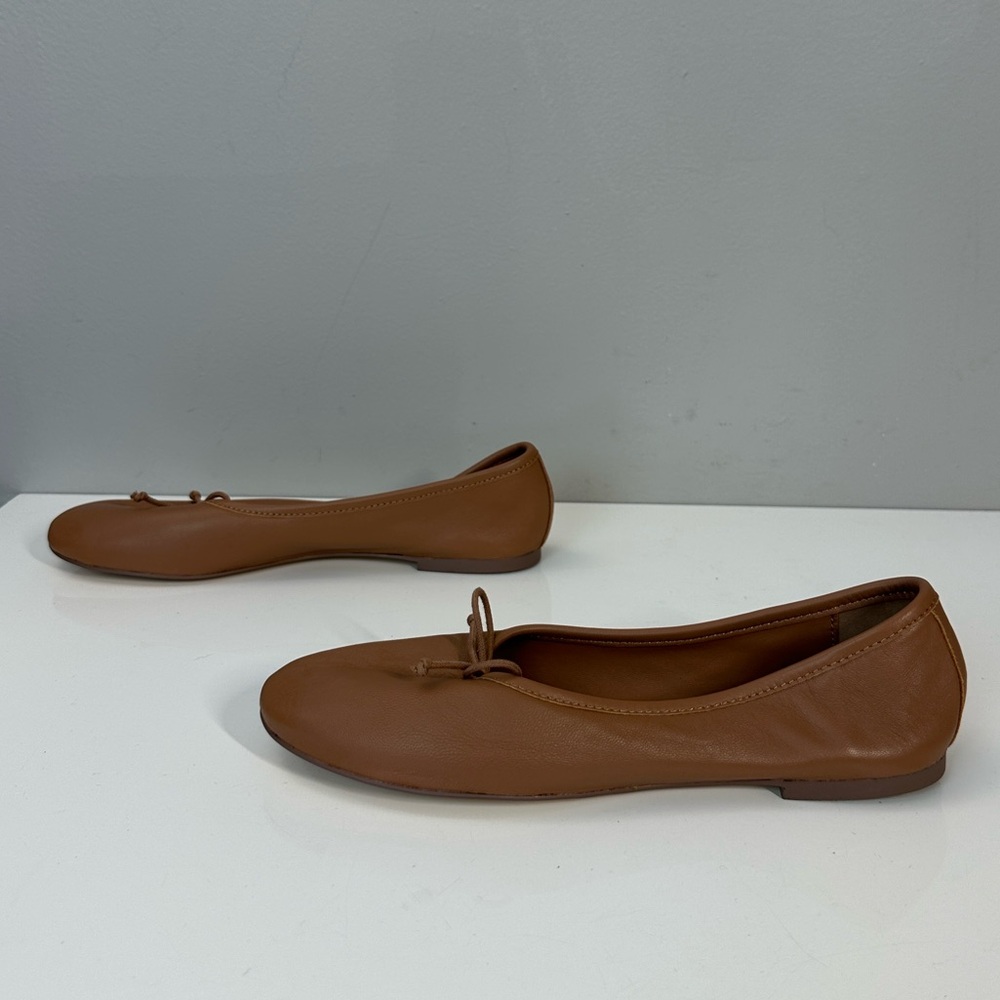 Women's Tan Leather Ballet Flats with Bow - Picture 3 of 15
